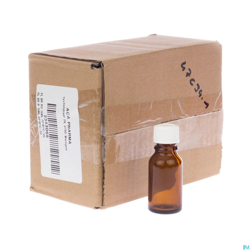 Flacon brun rond pp18 + caps    15ml 20 aca