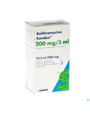 Azithromycine sandoz 200mg/5ml pulv susp or 22,5ml