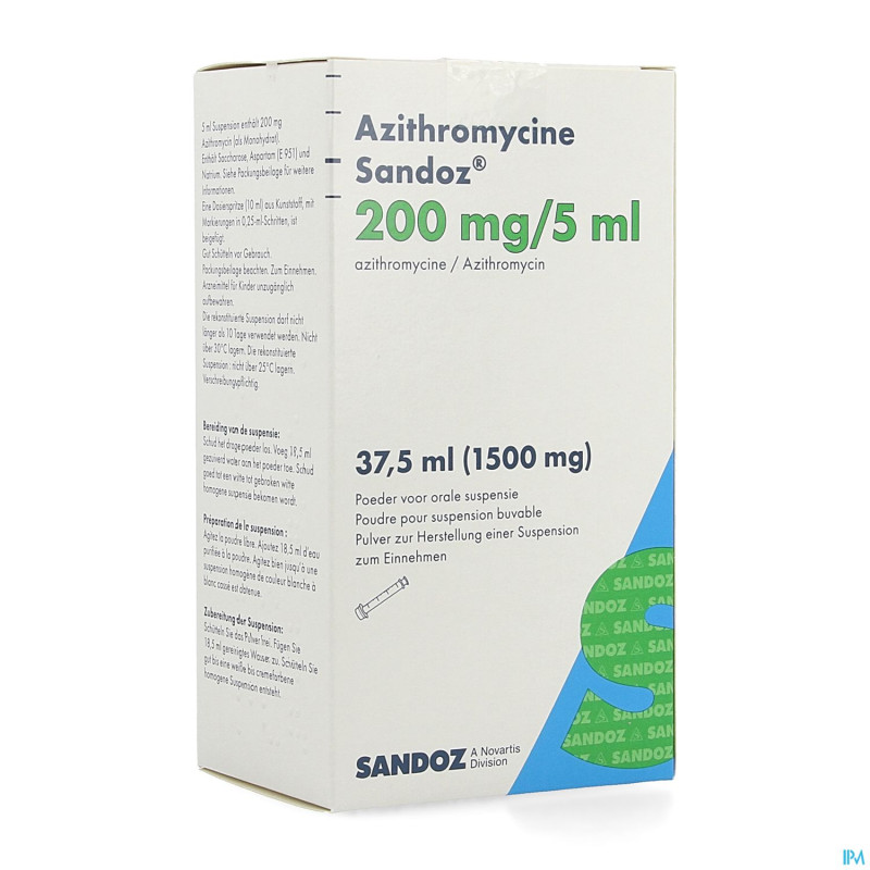 Azithromycine sandoz 200mg/5ml pulv susp or 37,5ml