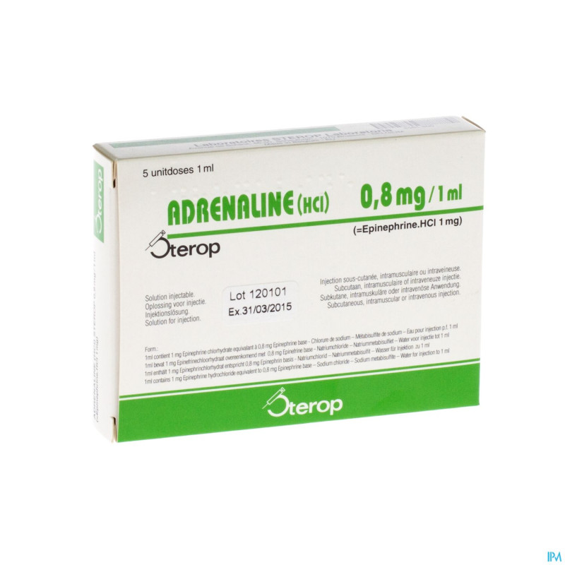Adrenaline hcl sterop 0,8mg/ml sol inj  5 x 1 ud