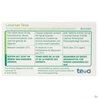 Losartan teva  50 mg comp pell  98 x  50 mg