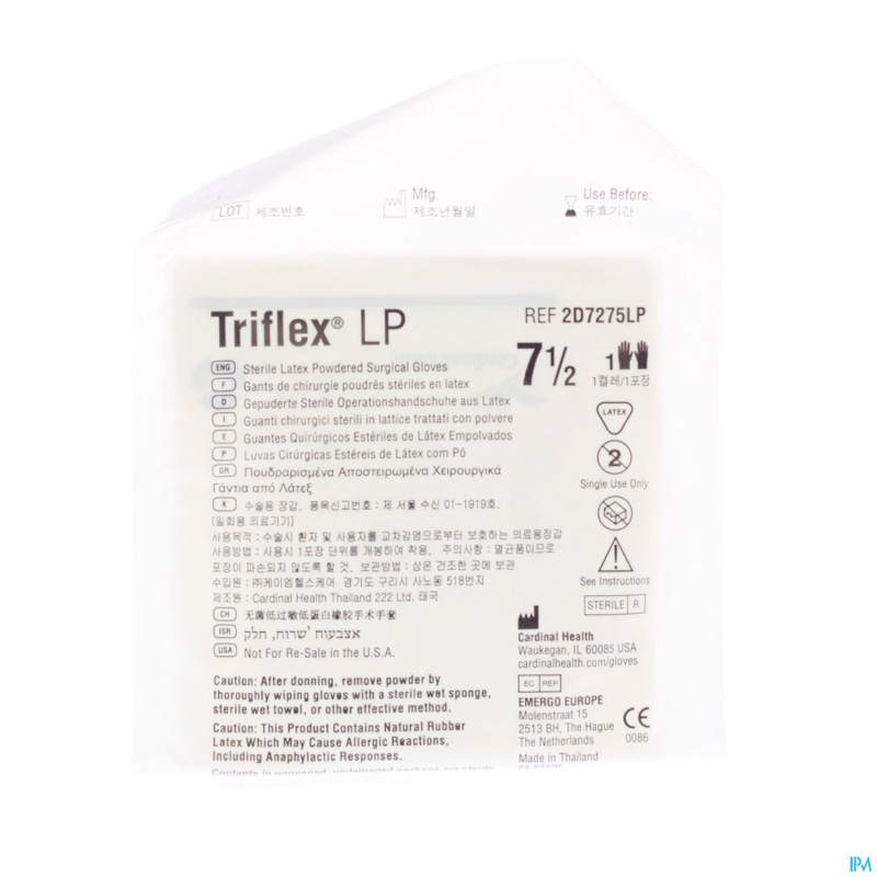 Triflex gants chir.latex +pdr ster  7,5 paire
