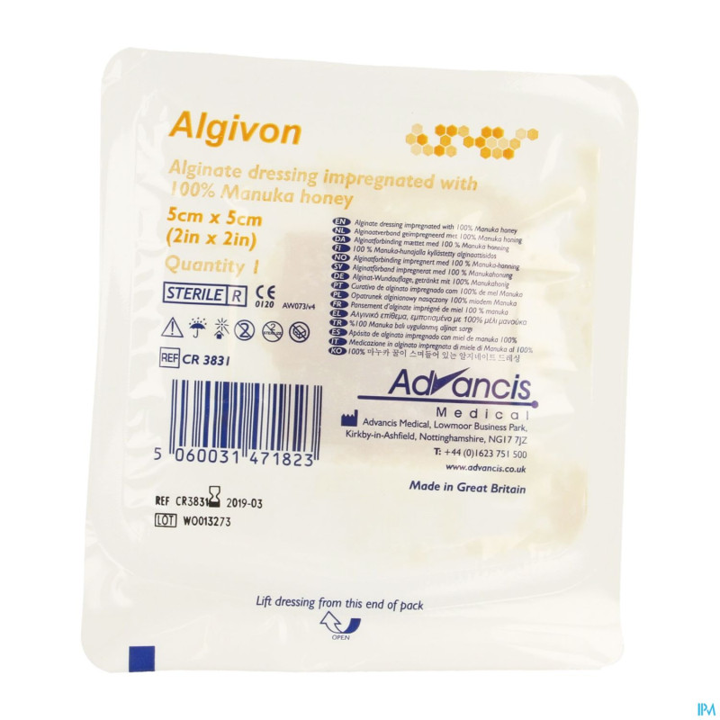 Algivon alginate miel manuka n/adh ster  5x 5cm  1
