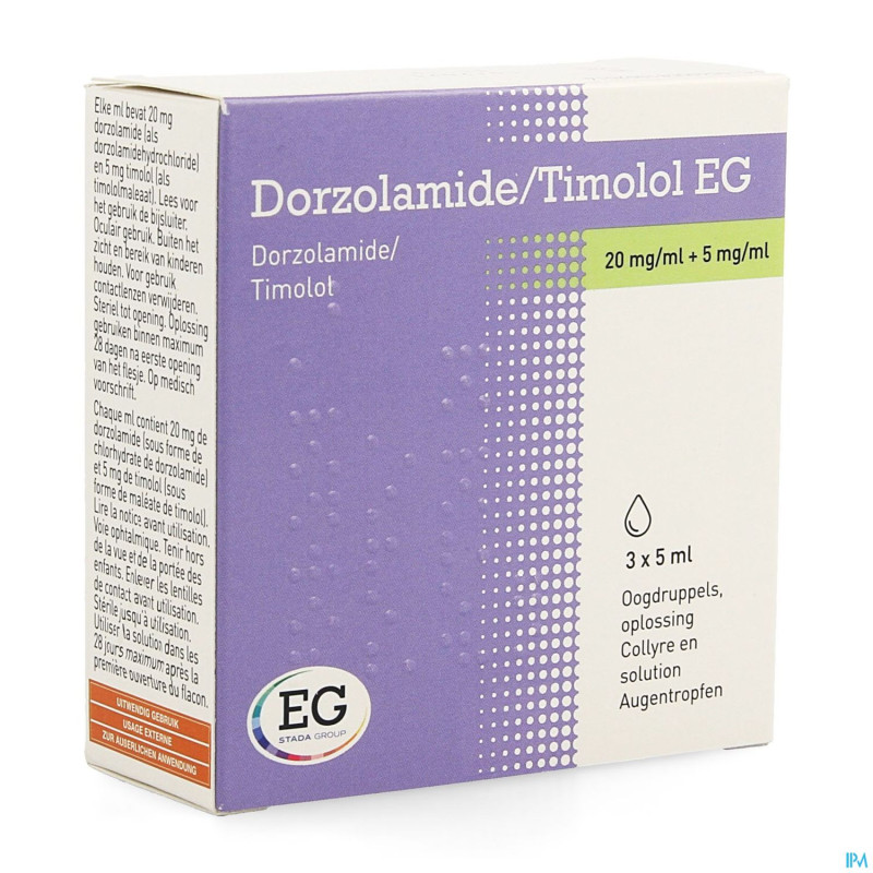 Dorzolamide/timolol eg 20mg/5mg collyre 3x5ml