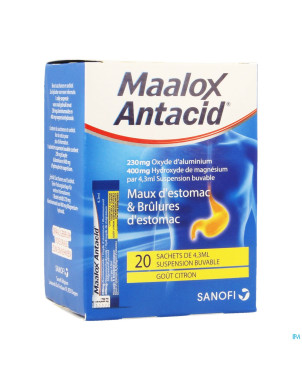 Maalox antacid lemon 230mg/400mg susp or. 20x4,3ml