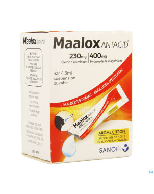 Maalox antacid lemon 230mg/400mg susp or. 20x4,3ml