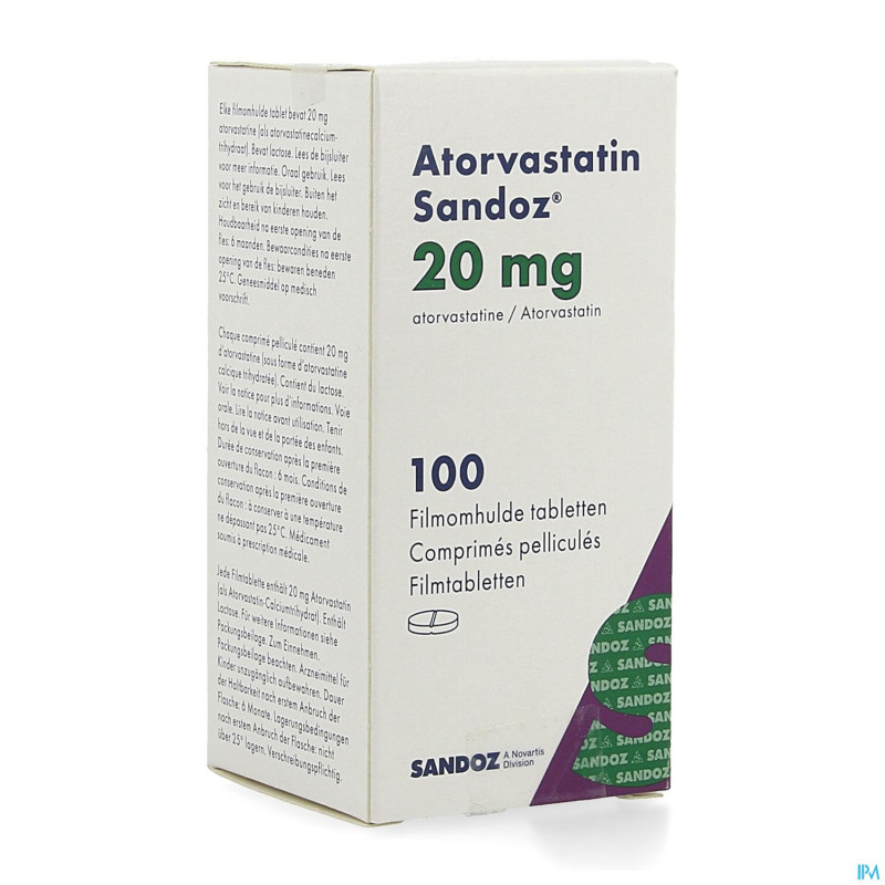 Atorvastatin 20mg sandoz comp pell 100 fl hdpe