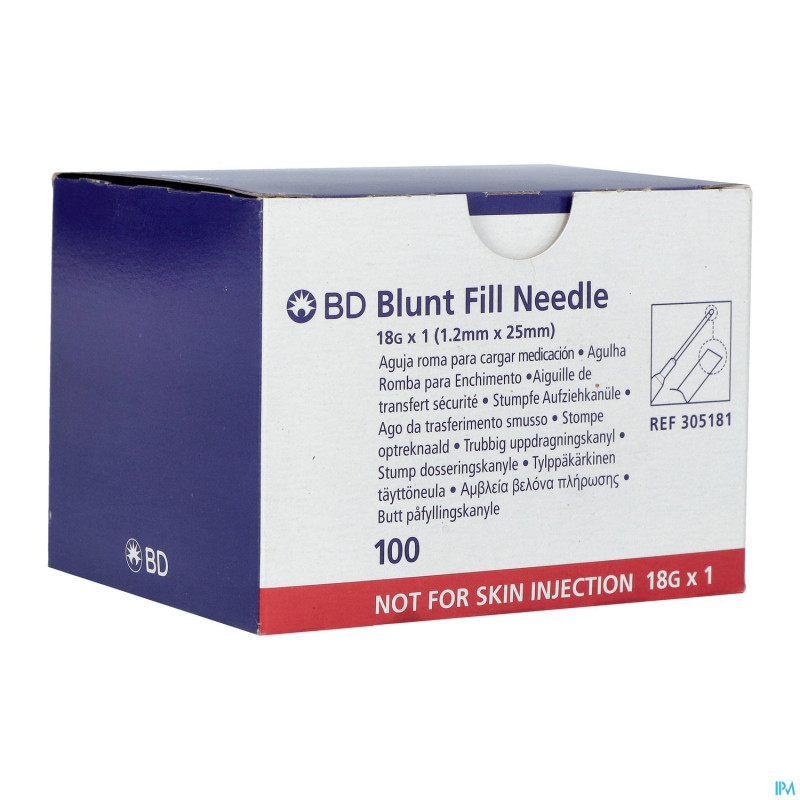 Bd blunt fill aiguille non biseautee 18g 25mm 100