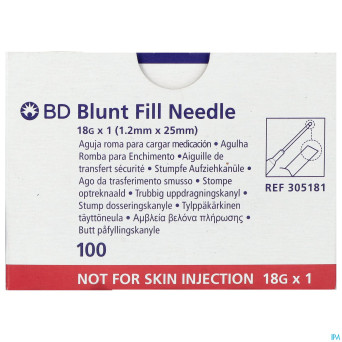 Bd blunt fill aiguille non biseautee 18g 25mm 100