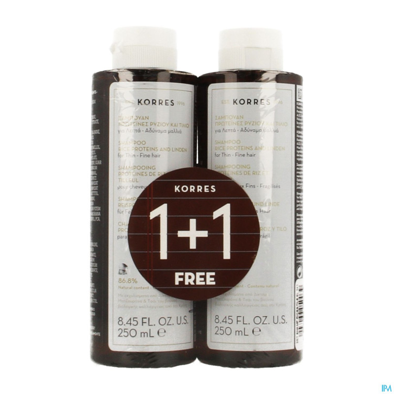 Korres kh sh proteins de riz&tilleul 2x250ml promo