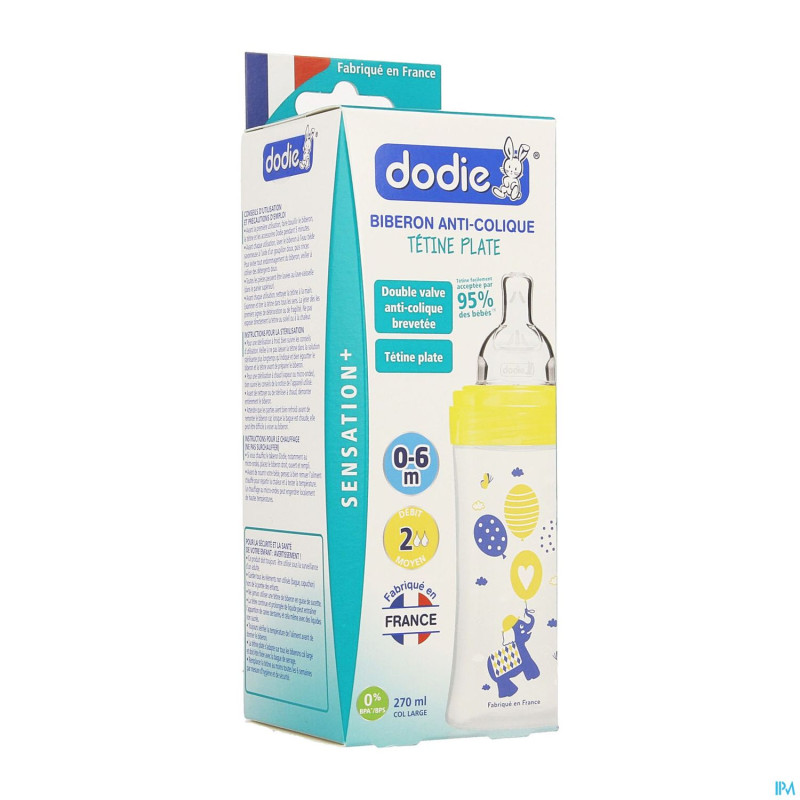 Dodie biberon sensation+ jaune elephant 0-6m 270ml