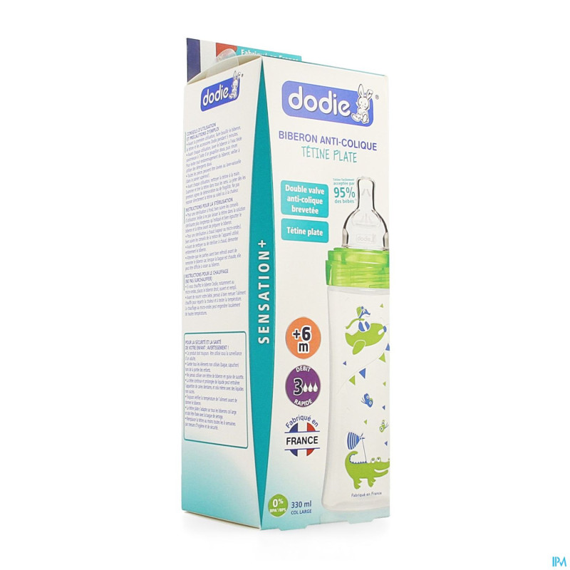Dodie biberon sensation+ vert dinosaure +6m  330ml