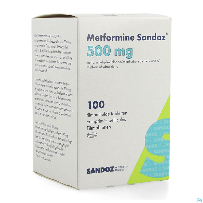 Metformine sandoz  500mg comp pell pot 100x500mg