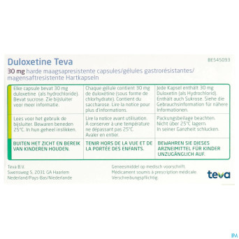 Duloxetine teva 30mg gastro resist caps 28 x 30mg