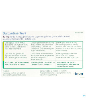 Duloxetine teva 30mg gastro resist caps 28 x 30mg