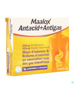 Maalox antacid+antigas 250mg/500mg comp a mach. 16