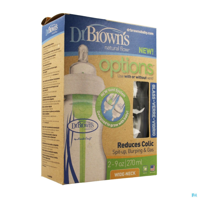Dr brown biberon 2x270ml verre col large    escos