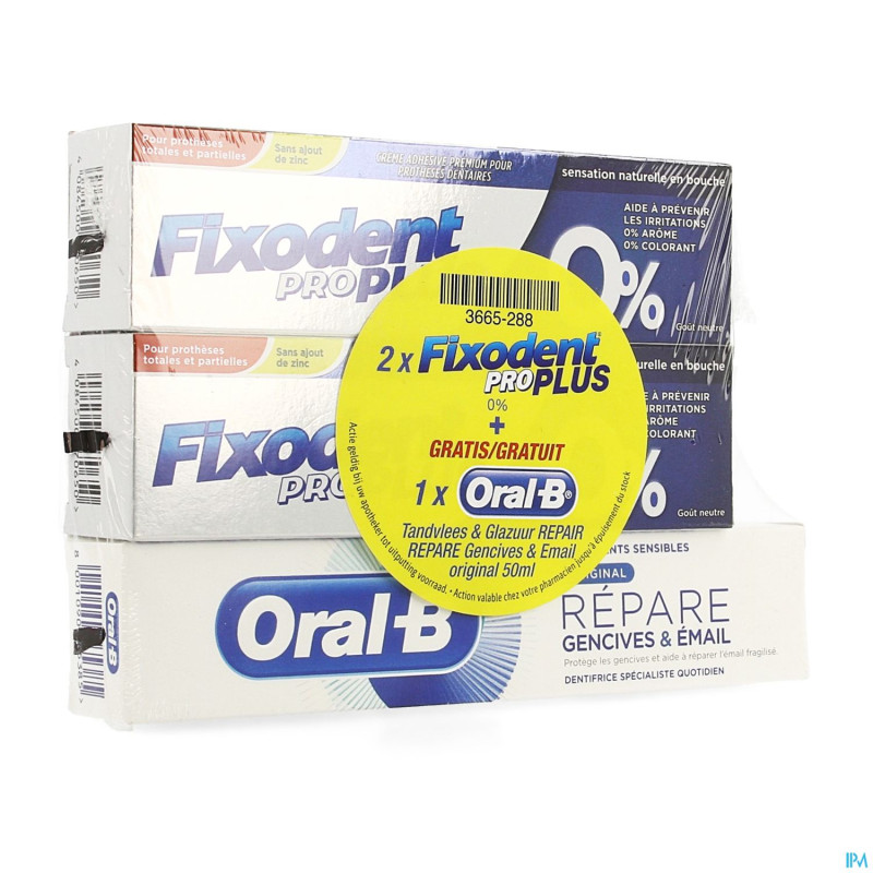 Fixodent pro plus 0% 2x40gr + oral-b repair 50ml
