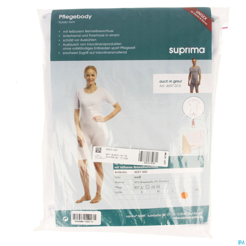 Suprima 4697 body manche courte+zip jambe blanc xl