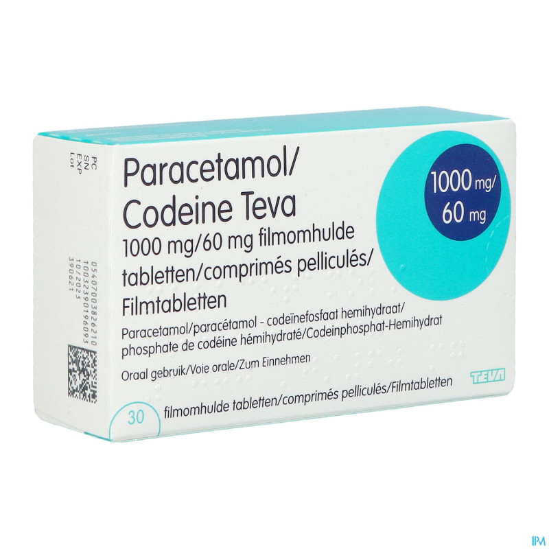 Paracetamol codeine teva 1000mg/60mg comp pell  30