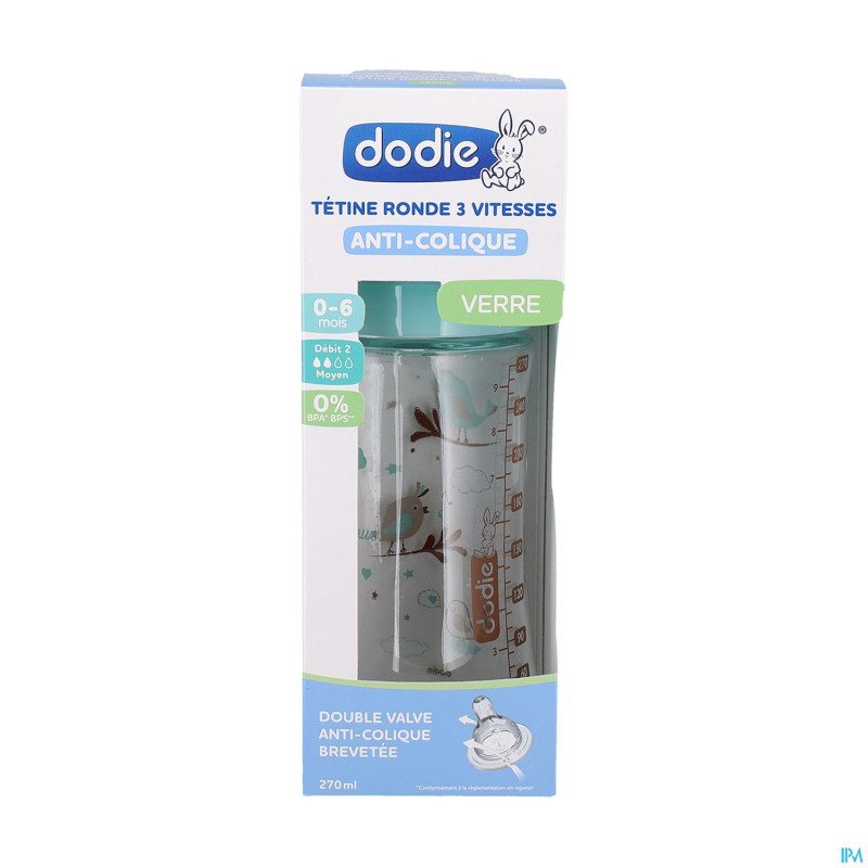 Dodie biberon verre initiation+ vert oiseaux 270ml