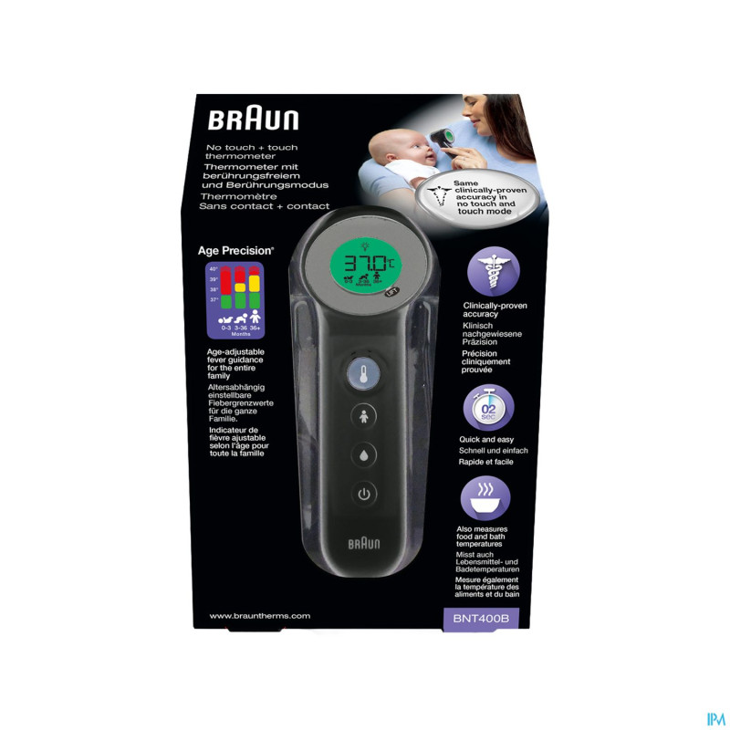 Braun thermometre s/cont.+contact age precis. noir