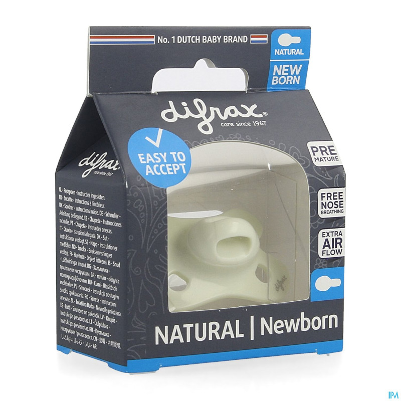 Difrax sucette natural newborn uni/pure cr/popcorn