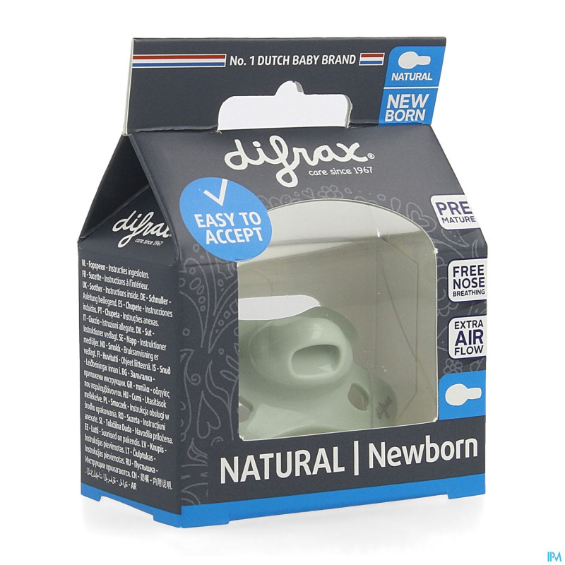 Difrax sucette natural newborn uni/pure vert/pist.