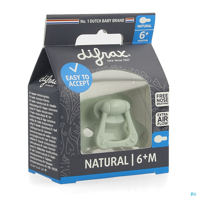 Difrax sucette natural 6m+ uni/pure vert/pistache