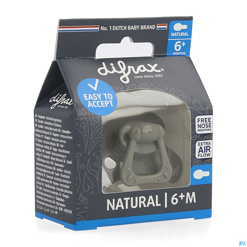 Difrax sucette natural 6m+ uni/pure gris/clay