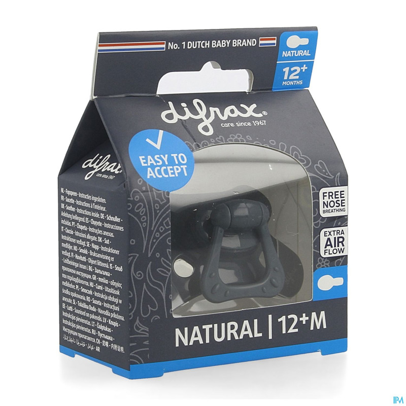 Difrax sucette natural 12m+ uni/pure bleu f./even.