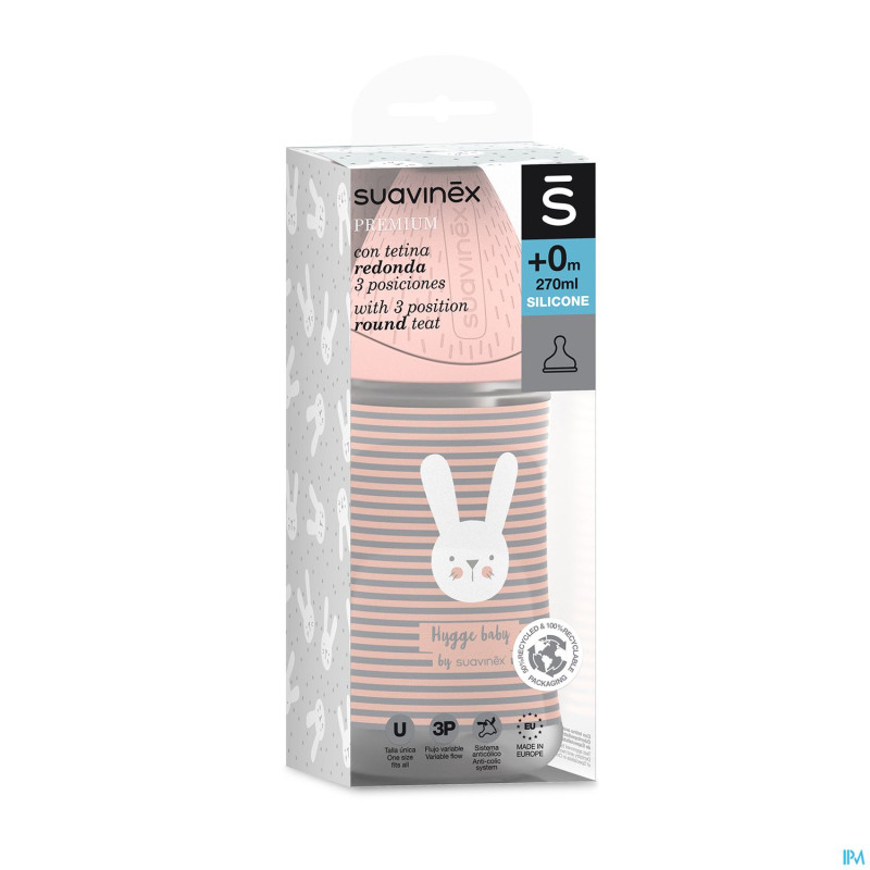 Suavinex hygge biberon silic. 3p 270ml lignes rose