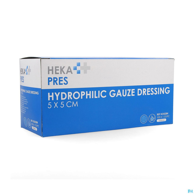 Hekapres compr.gaze hydroph.ster. 5x5cm 12pl 1x100