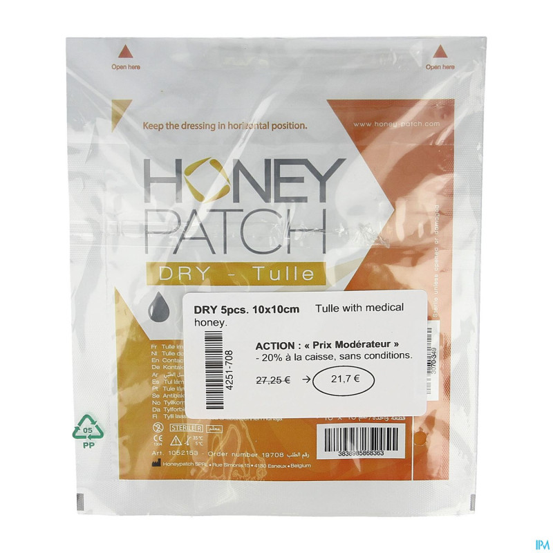Honeypatch dry miel cicatr.7g+tulle ster.10x10cm 5