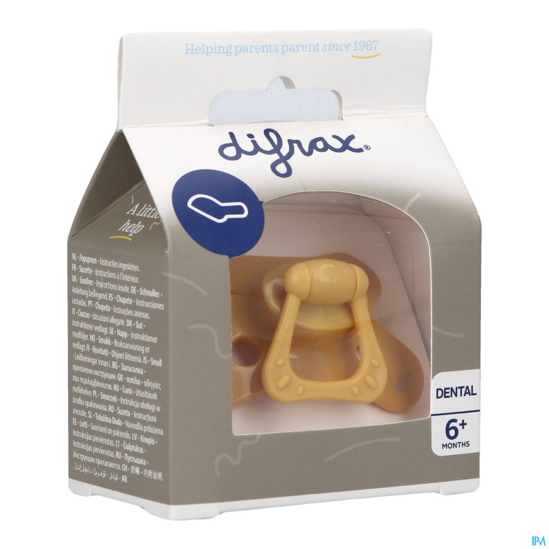 Difrax sucette dental +6m uni/pure jaune/honey