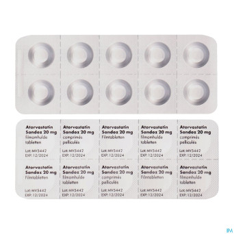Atorvastatin 20mg sandoz comp pell 100 alu/alu
