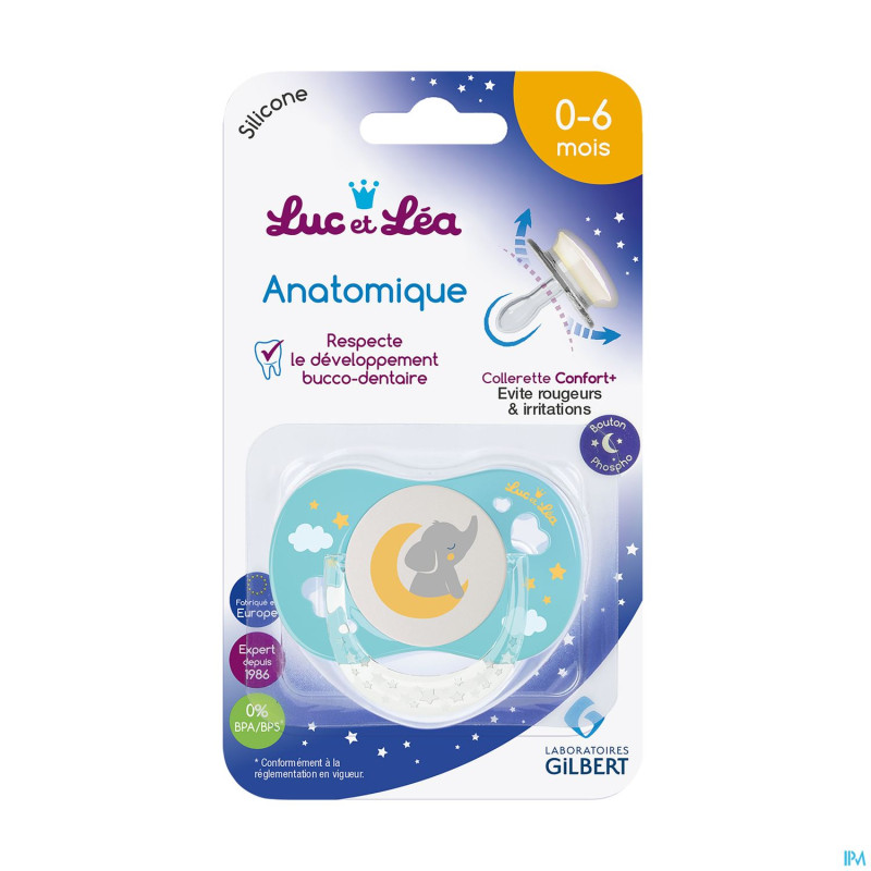 Luc&lea sucette nuit ana 0-6m eleph bleu anneau