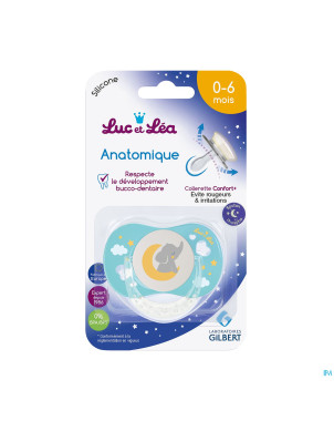 Luc&lea sucette nuit ana 0-6m eleph bleu anneau