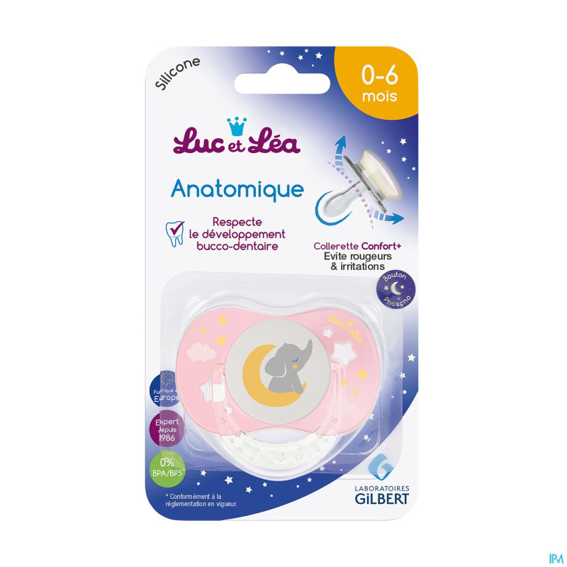 Luc&lea sucette nuit ana 0-6m eleph rose anneau