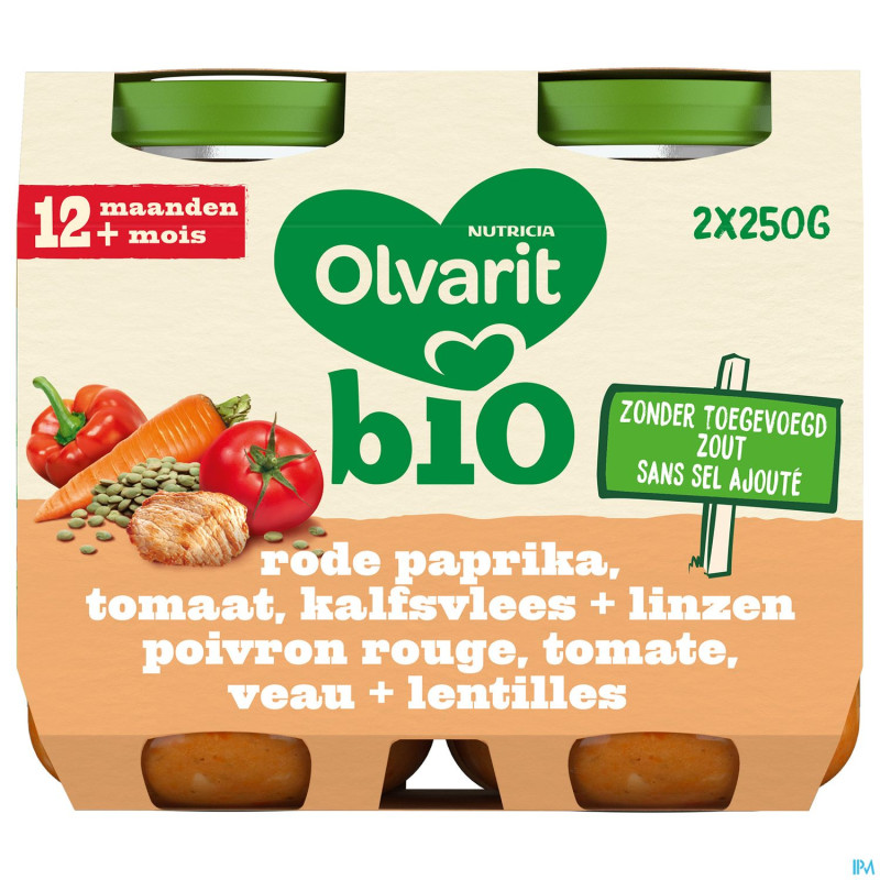 Olvarit bio poivr.rouge tomate veau lentil. 2x250g