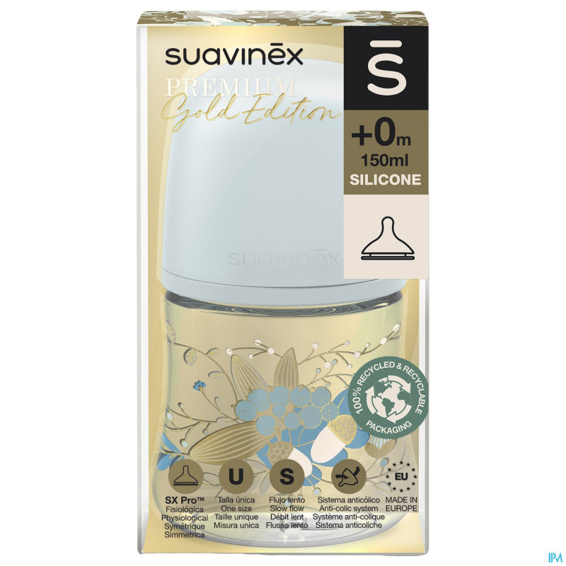 Suavinex gold bottle silicone slow flow 150ml blue