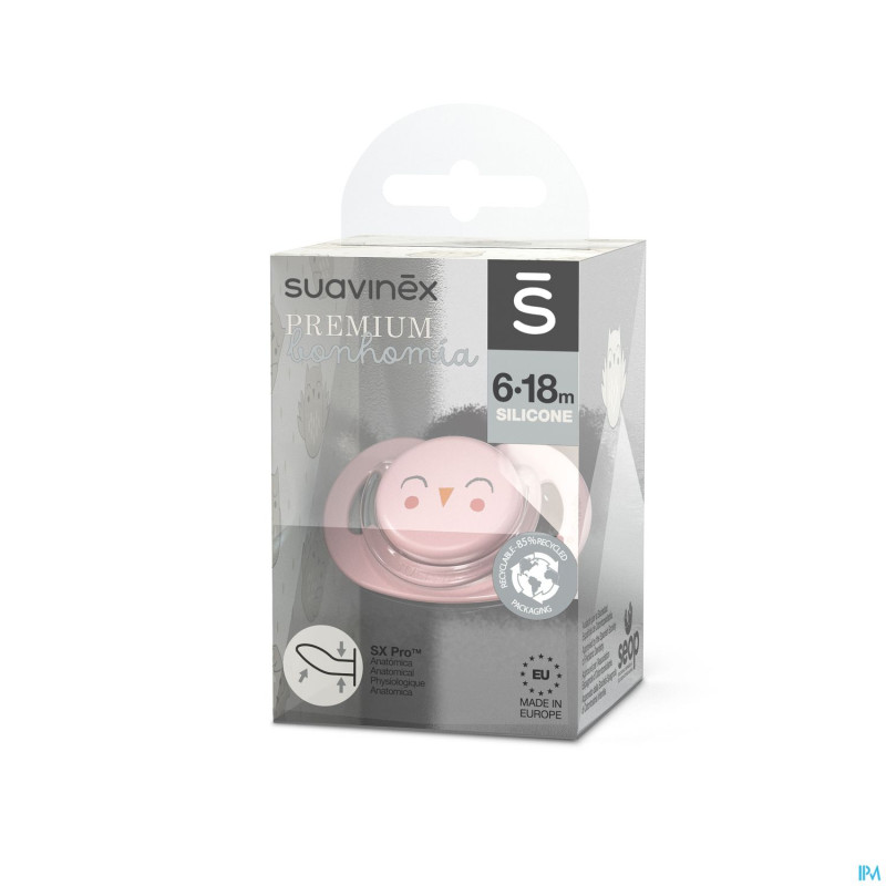 Suavinex bonhomia soother sili.flat 6/18m owl pink