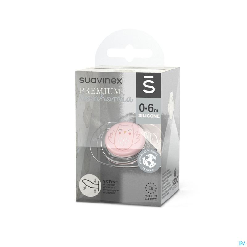 Suavinex bonhomia soother sili. rev 0/6m owl pink
