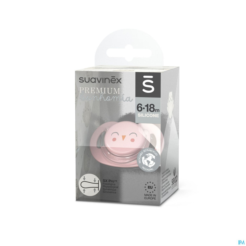 Suavinex bonhomia soother sili.rev 6/18m owl pink