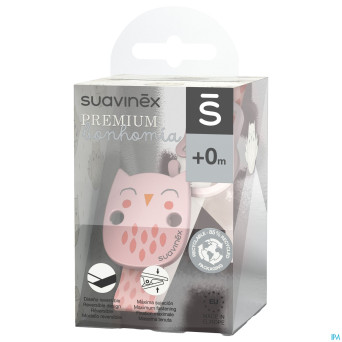 Suavinex bonhomia soother clip+ribbon owl pink
