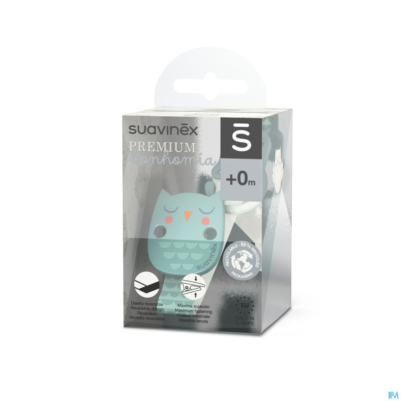 Suavinex bonhomia soother clip+ribbon owl green