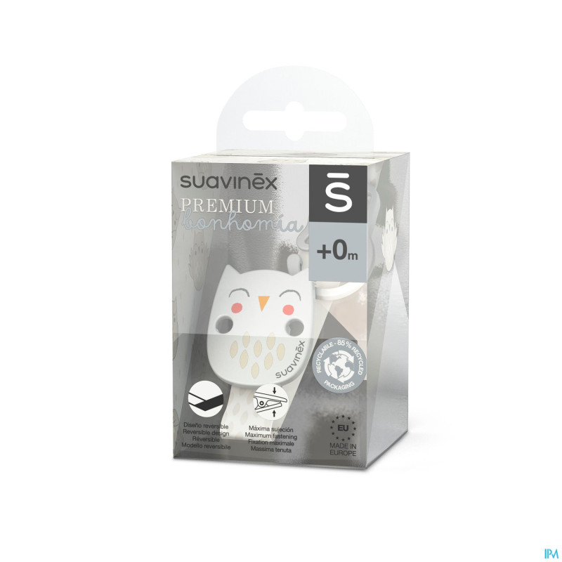 Suavinex bonhomia soother clip+ribbon owl beige