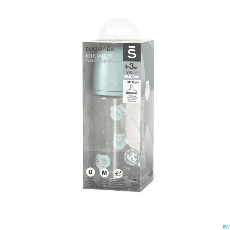 Suavinex bonhomia bottle pa sili. owl green  270ml