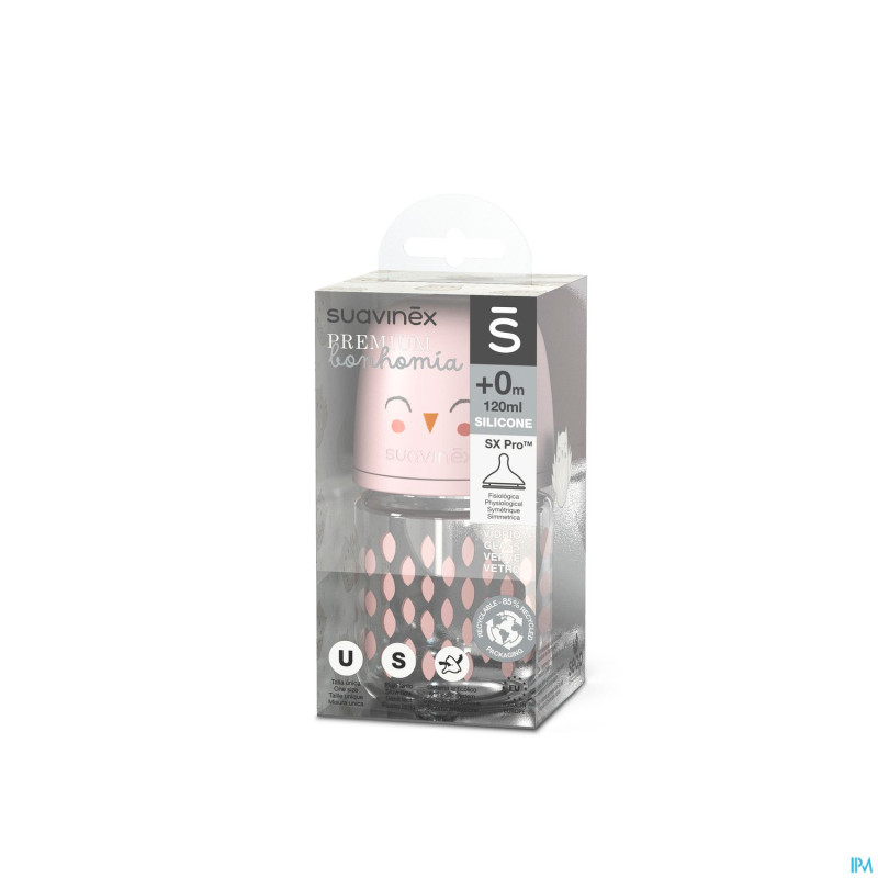 Suavinex bonhomia bottleglas sili.featherpink120ml