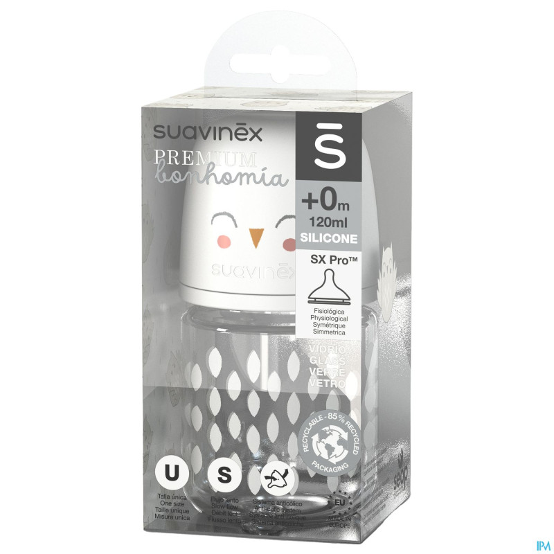 Suavinex bonhomia bottleglas sili.feath.beige120ml